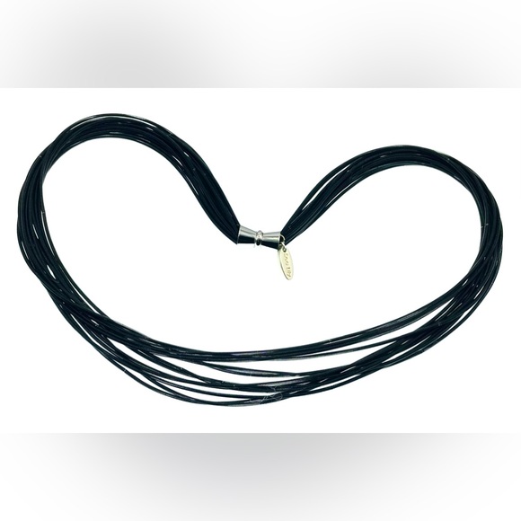 Signed Sea Lily Multistrand Black Piano Wire Necklace Silver Tone Magnetic Clasp - Picture 2 of 6